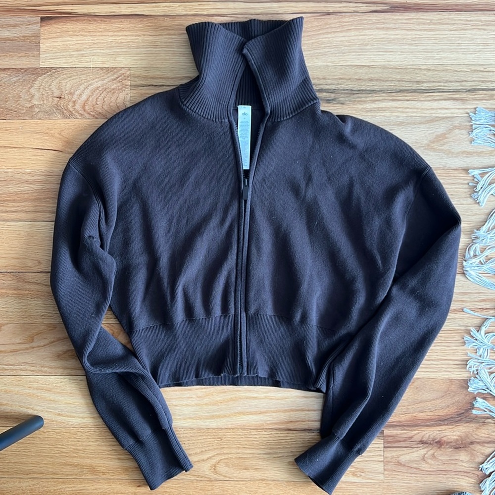 Alo Yoga Scholar Knit Cropped Full Zip Jacket - Espresso Size Medium Color Brown